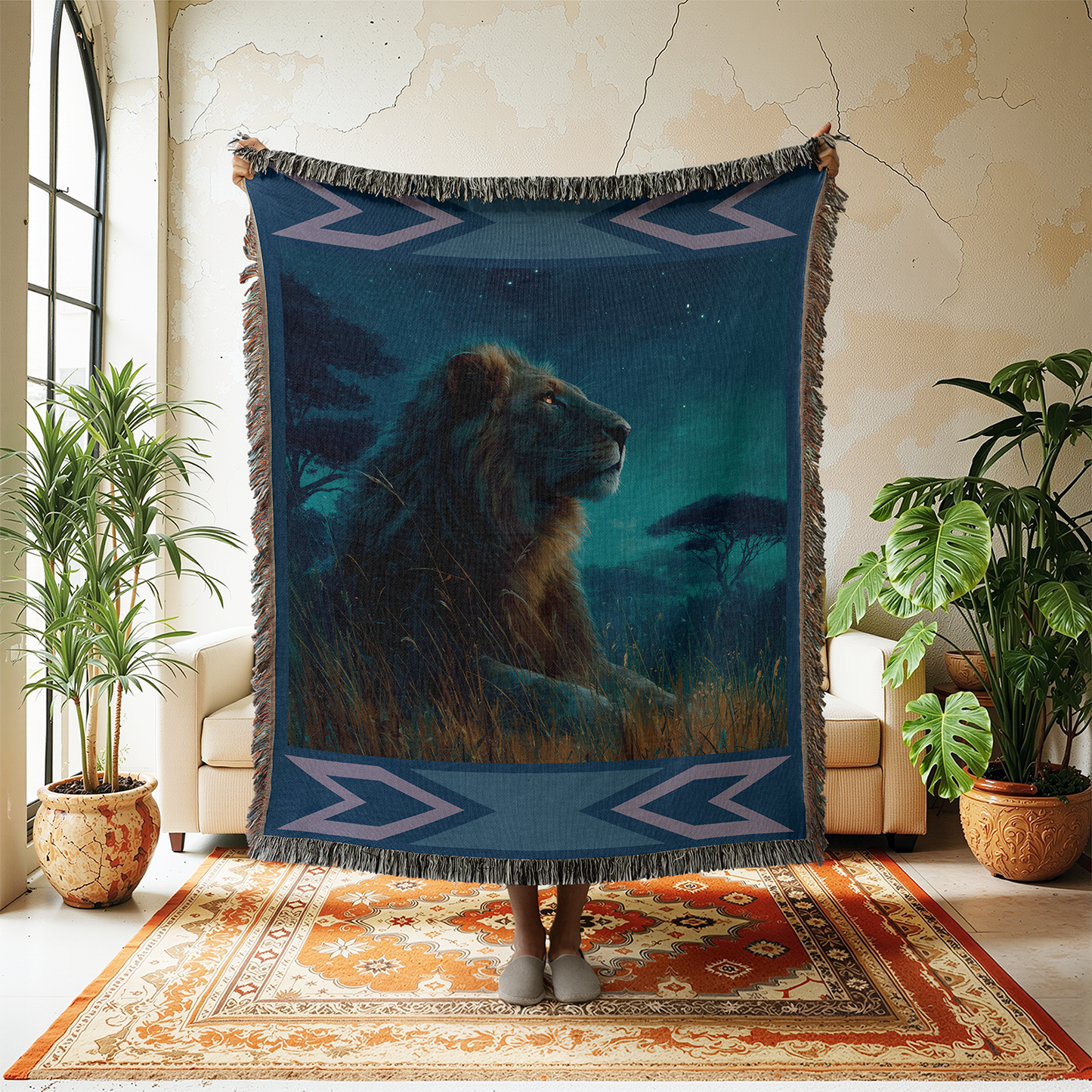 Lion Woven Blanket, Celestial Tapestry Wall Hanging, Southwestern Art Jacquard Throw, Starry Night Decor, Big Cat Lover Gift for Him