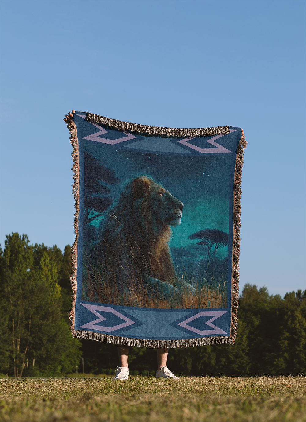 Lion Woven Blanket, Celestial Tapestry Wall Hanging, Southwestern Art Jacquard Throw, Starry Night Decor, Big Cat Lover Gift for Him