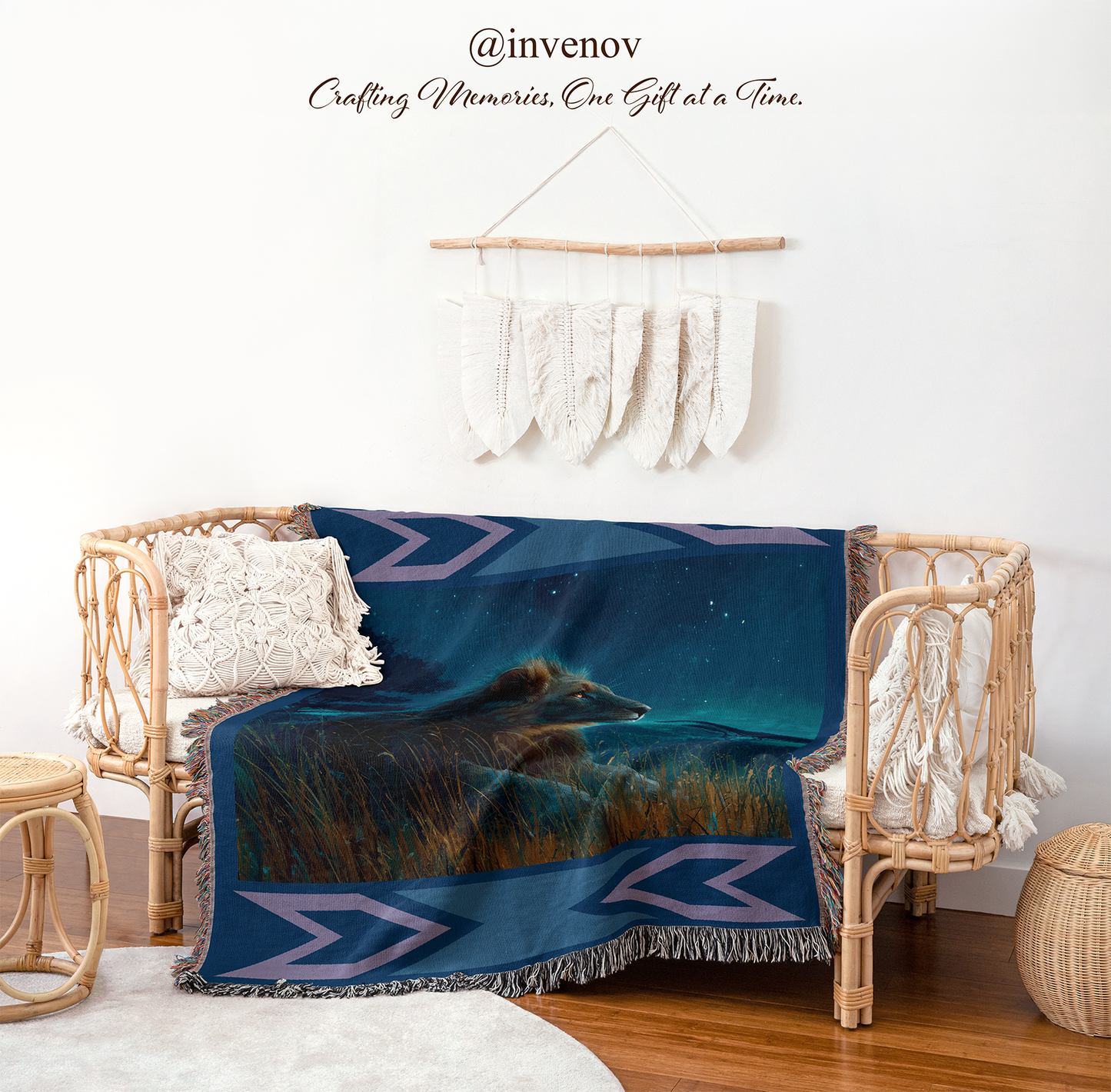 Blanket with a lion design draped over a chair in a room with decorative elements.