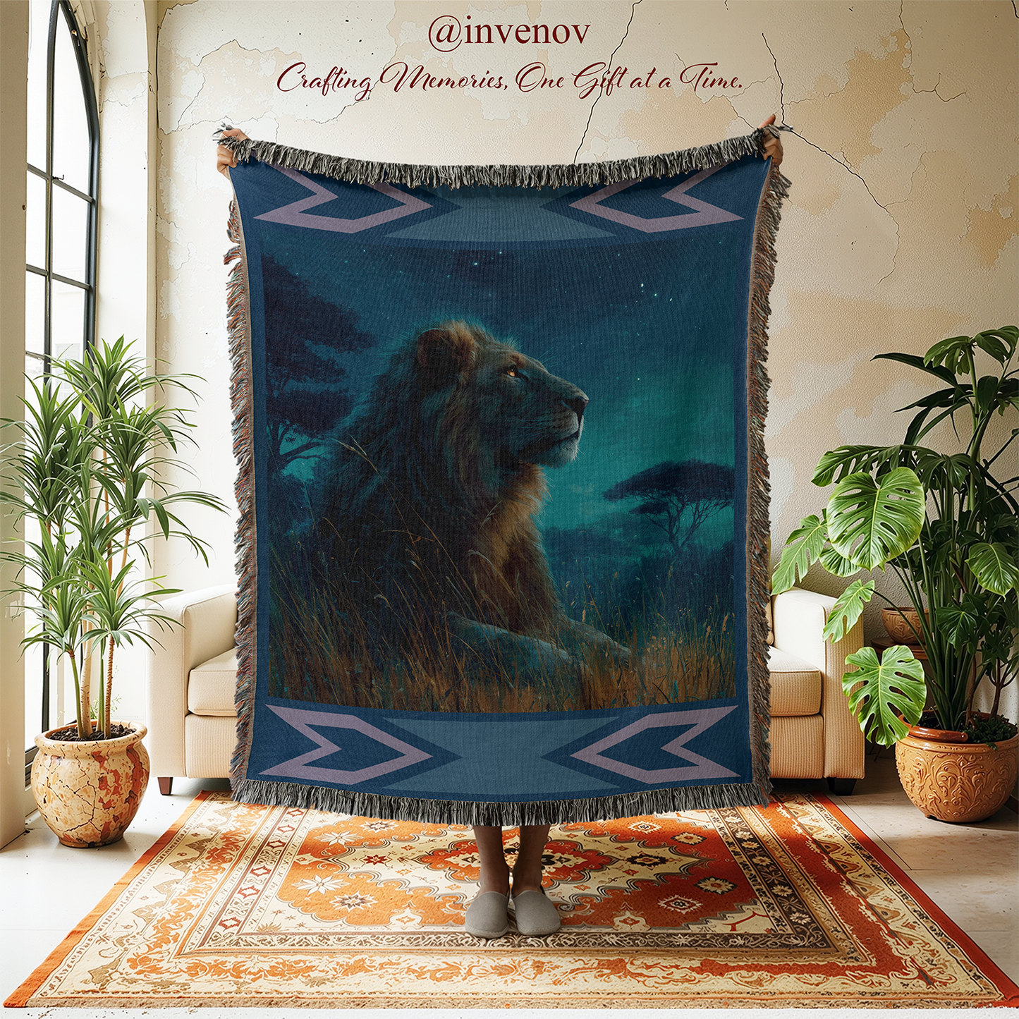 Lion tapestry in a room with plants and furniture