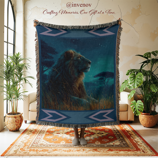 Lion tapestry in a room with plants and furniture