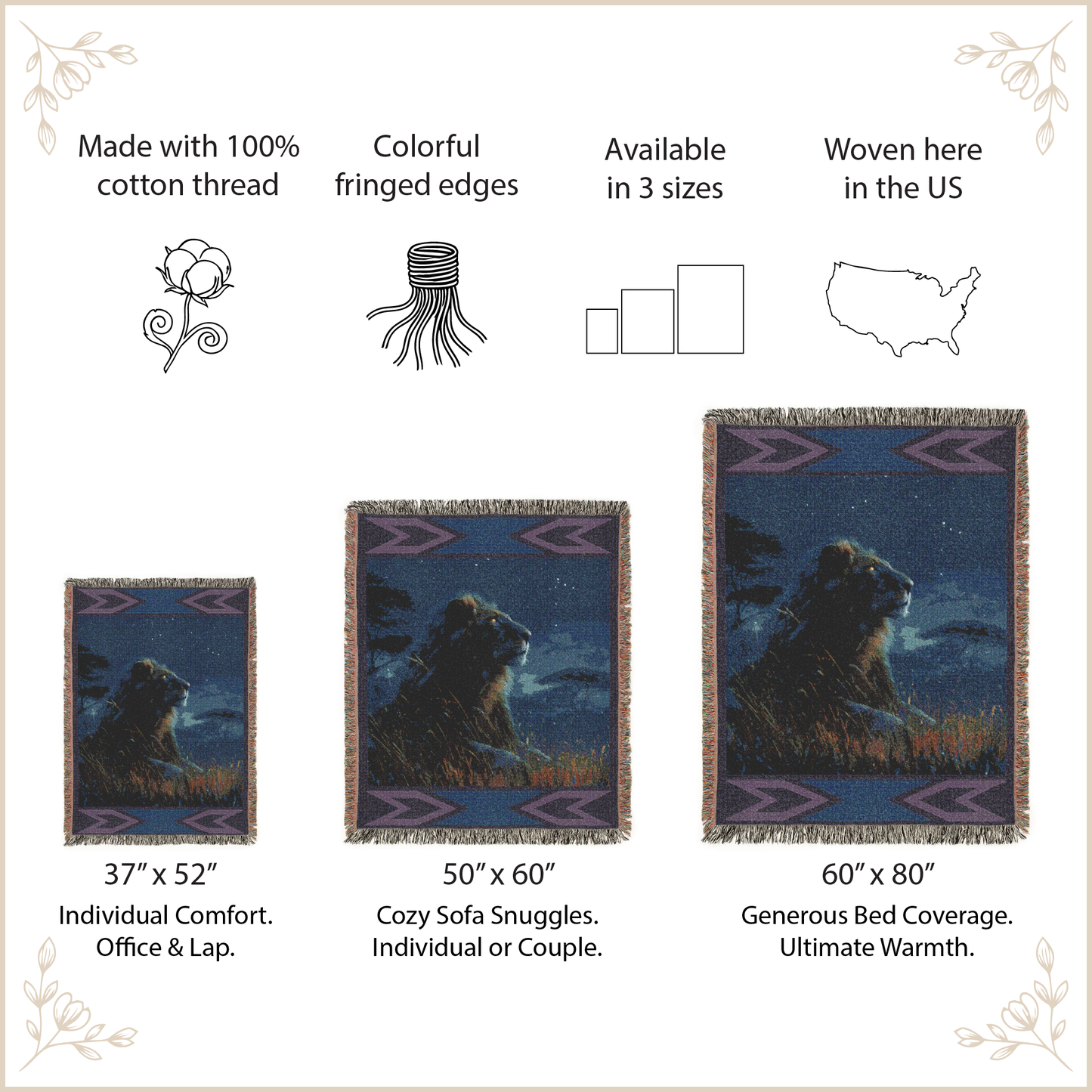 blanket with decorative patterns and text describing product features and sizes.