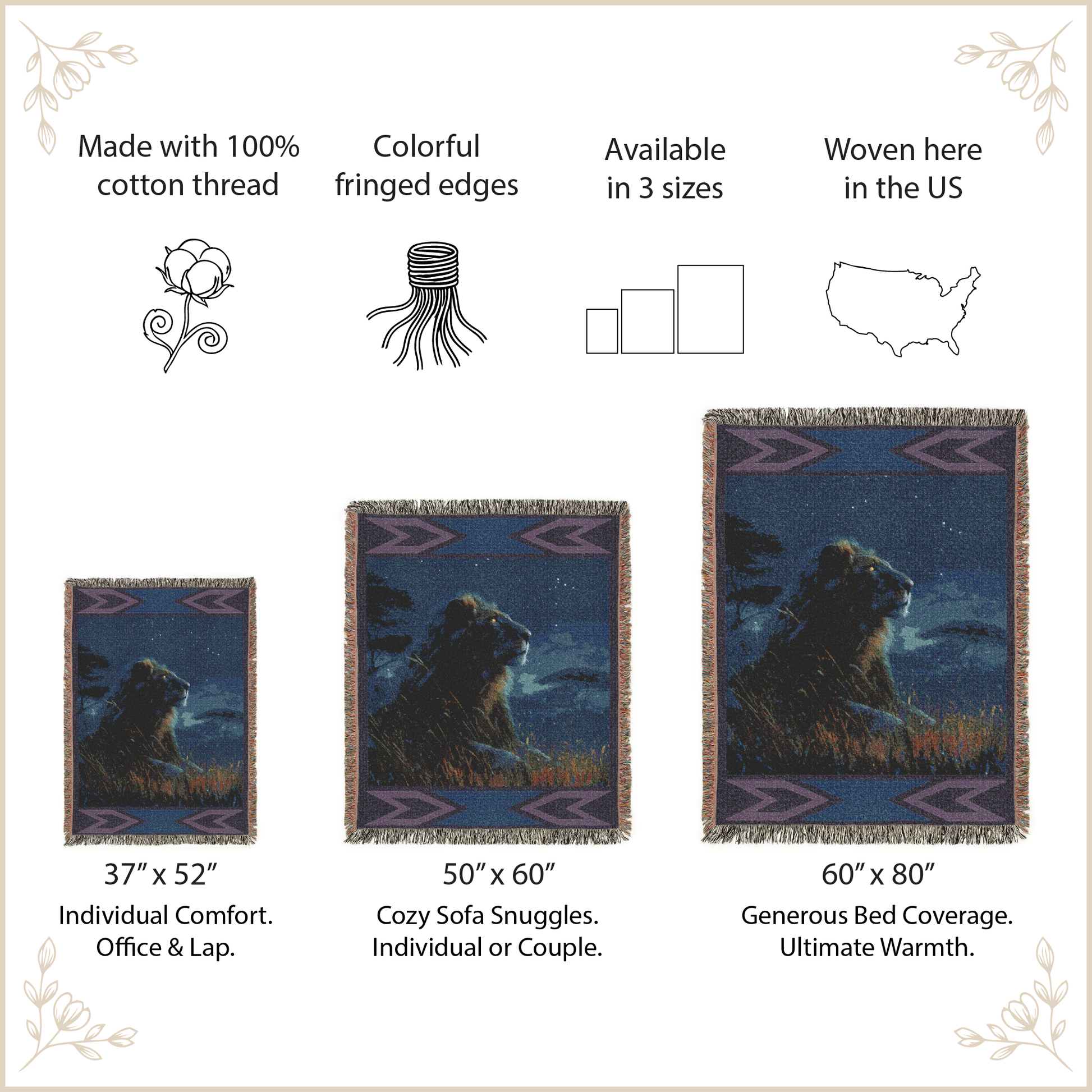 blanket with decorative patterns and text describing product features and sizes.