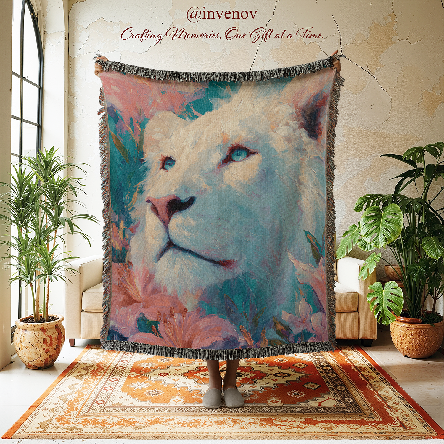 Decorative blanket with a lion design in a room with plants and furniture.