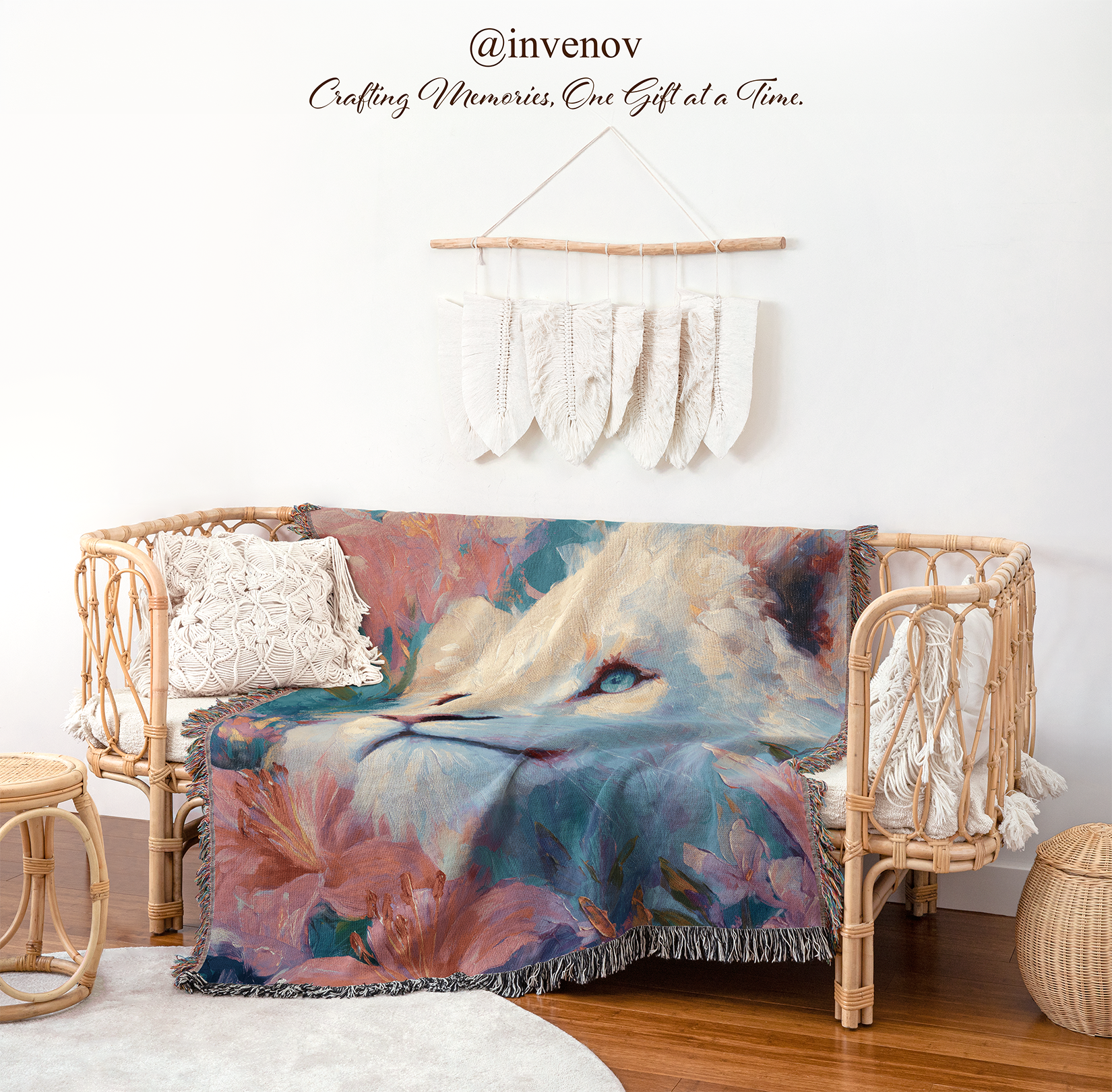 Decorative blanket on a wicker chair 