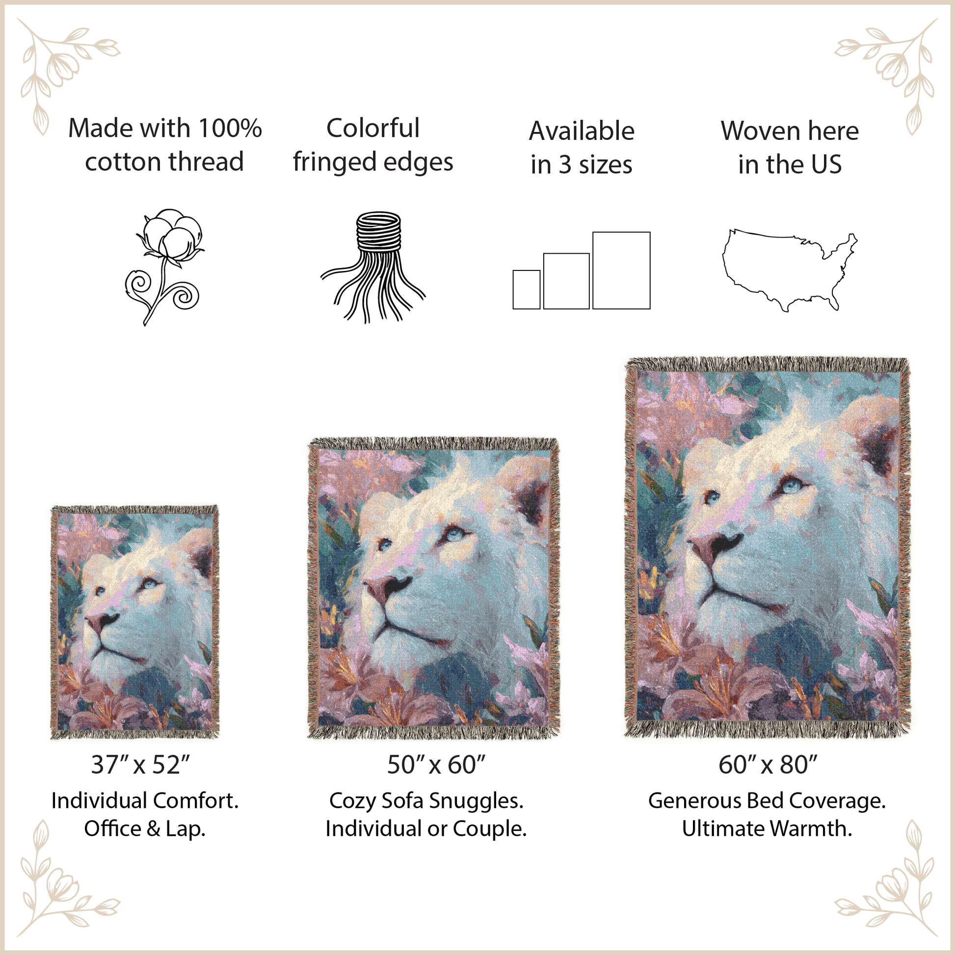 Decorative animal-themed throw blankets with size options and features listed.