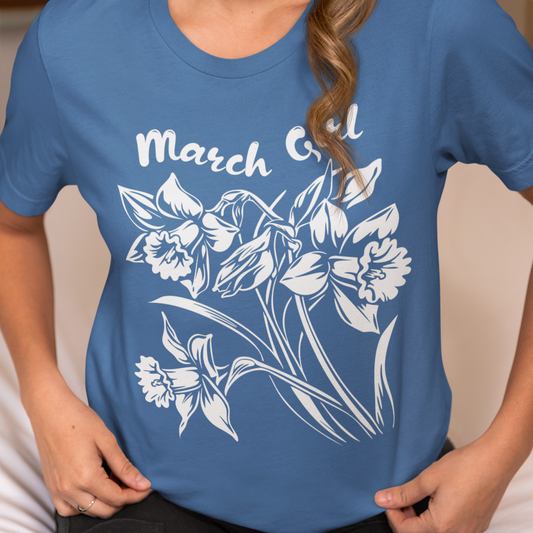 Daffodil Flower March Girl T-Shirt, Birth Flower Tee, Vintage Style Retro Floral Shirt, Classic Monochrome Top, Birthday Gift