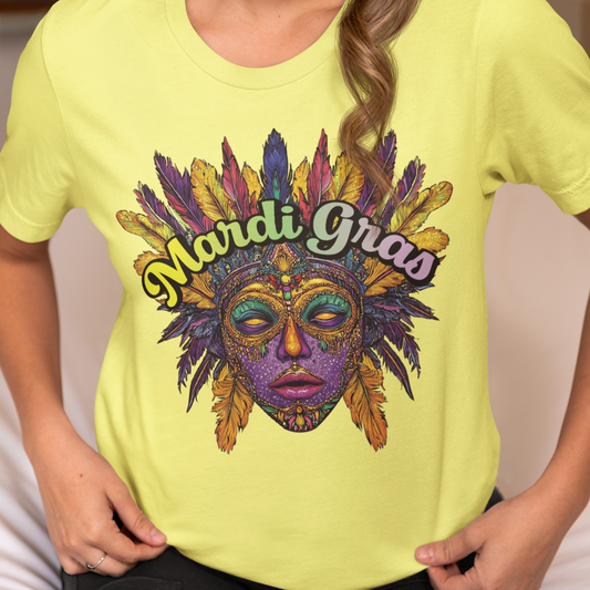 Mardi Gras Jersey Tee, Festive Masquerade Mask Shirt, Mardi Gras Celebration T-Shirt, Colorful Party Top, Mardi Gras Festival Shirt