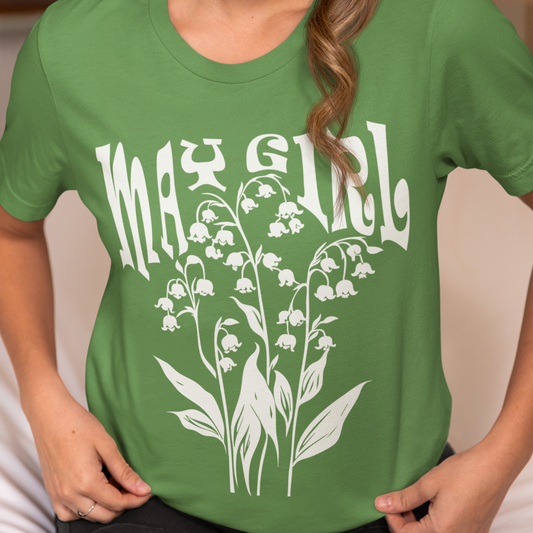 May Girl White Lily of the Valley Shirt, Birth Month Floral Tee, Retro Style May Birthday Gift, Flower Nature Inspired Graphic T-Shirt