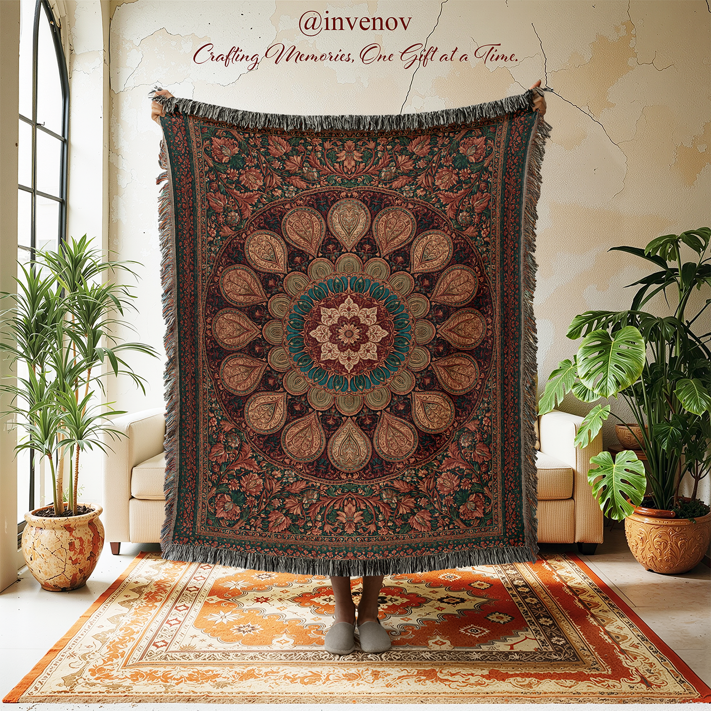 Decorative tapestry with intricate patterns in a room with plants and furniture.