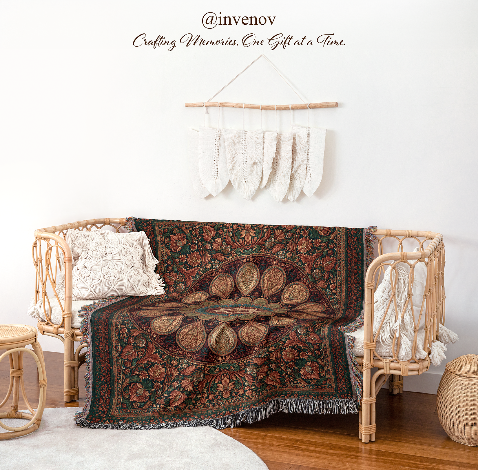 Decorative tapestry draped over a wooden chair with a white wall and minimal decor in the background.