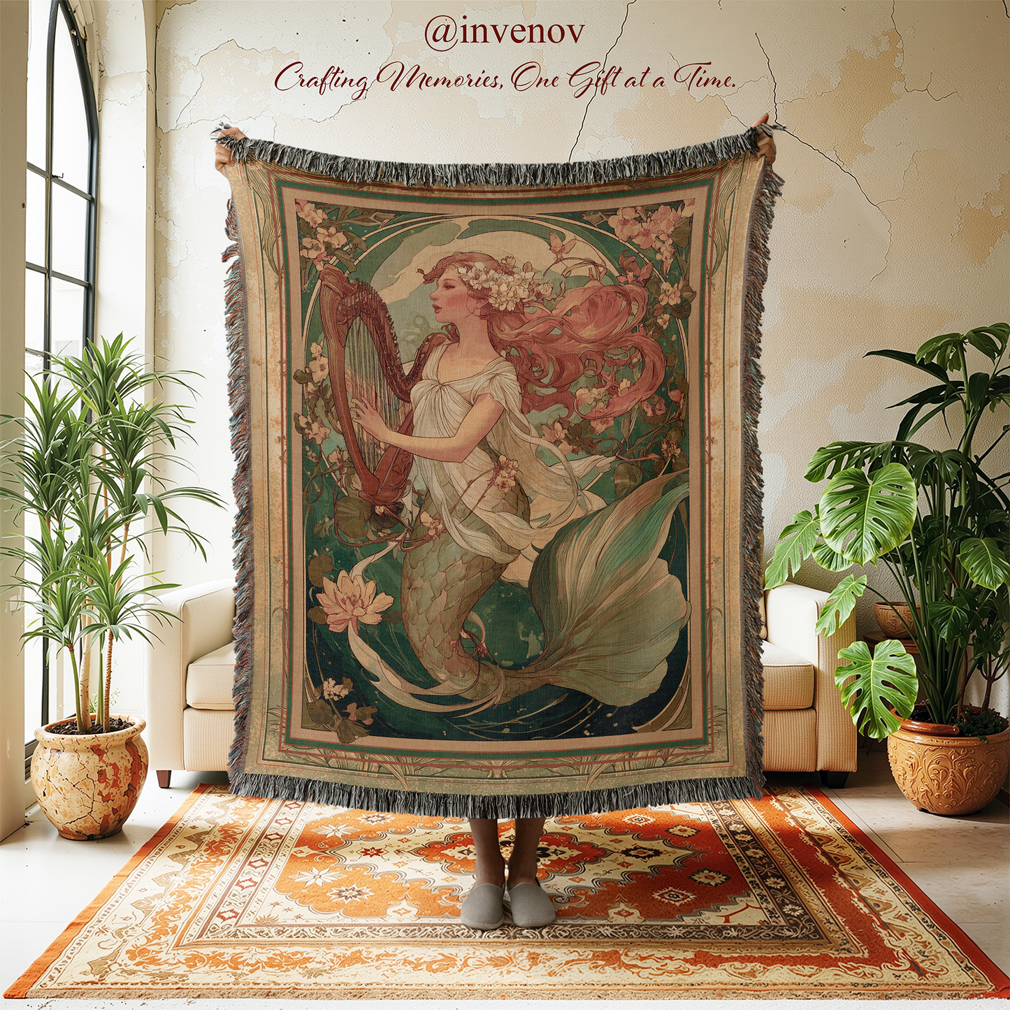 Decorative tapestry with artistic design of a mermaid playing a harp in a room with plants and furniture.