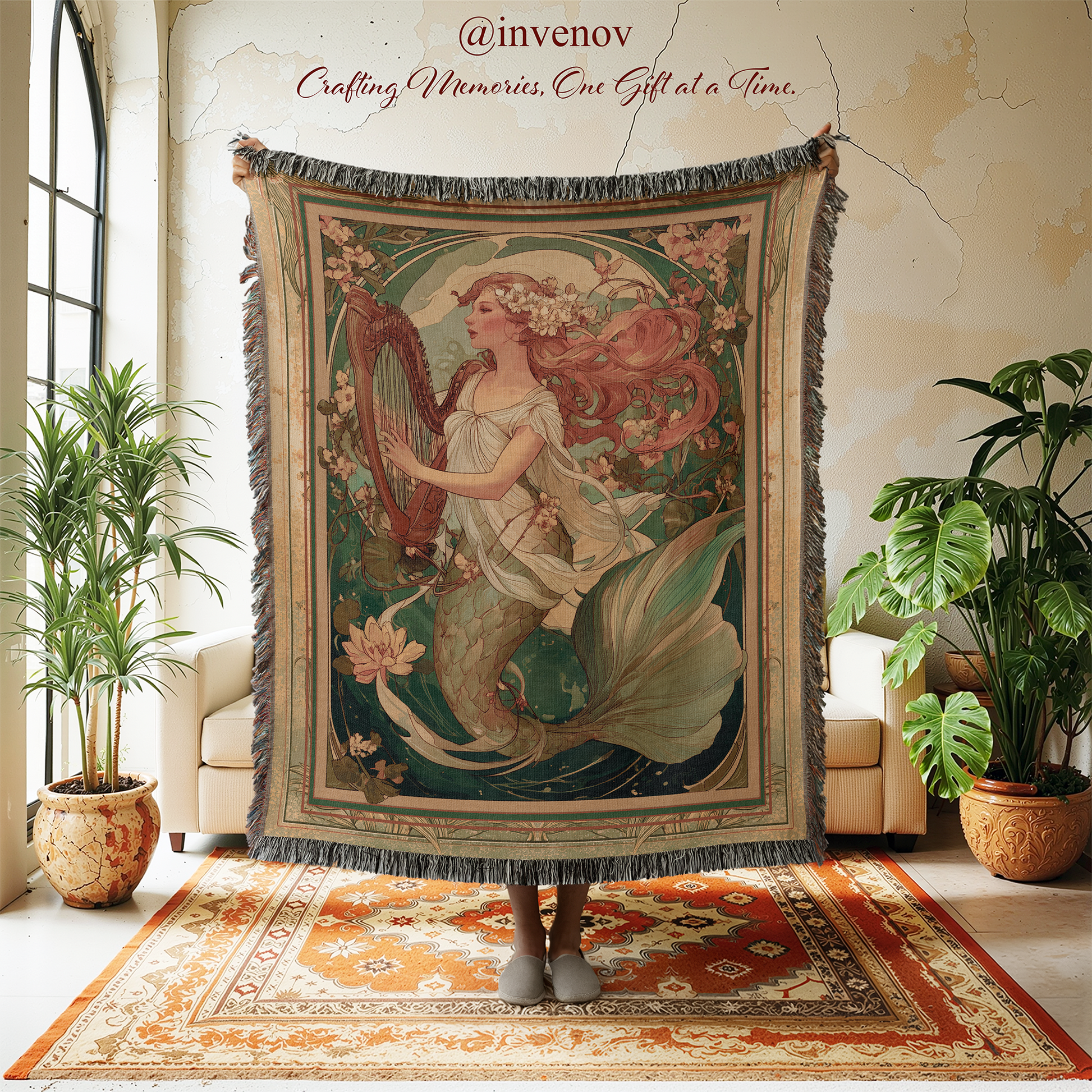 Decorative tapestry with artistic design of a mermaid playing a harp in a room with plants and furniture.