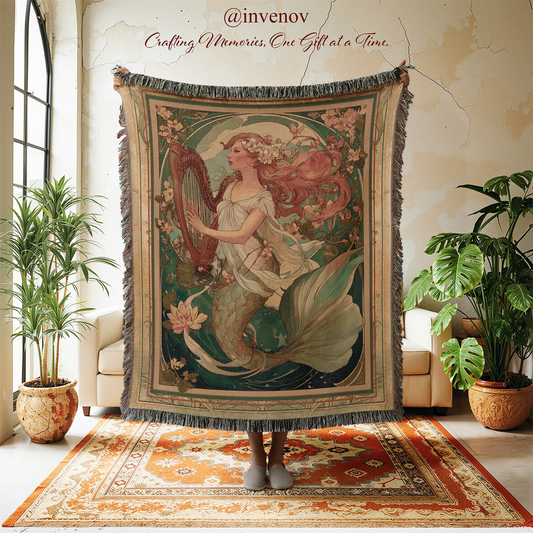 Decorative tapestry with artistic design of a mermaid playing a harp in a room with plants and furniture.