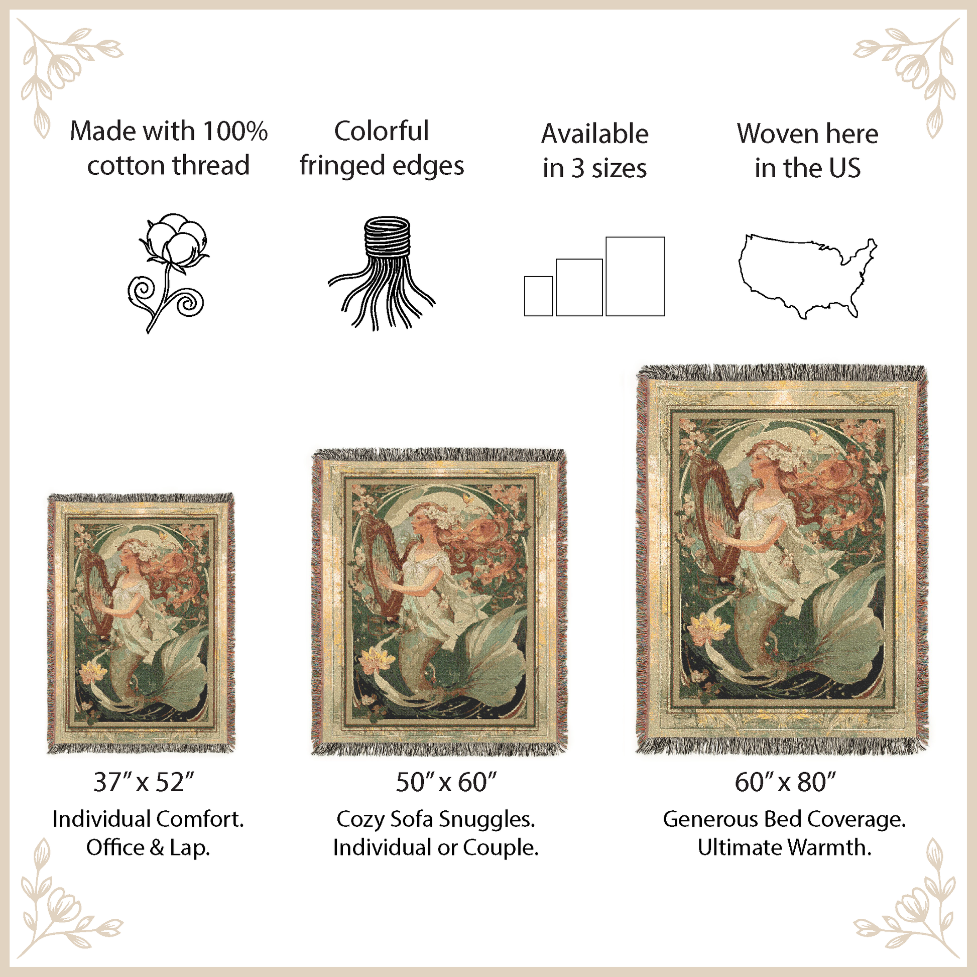 Decorative tapestries with fringed edges, made with 100% cotton thread, available in three sizes, and woven in the US.