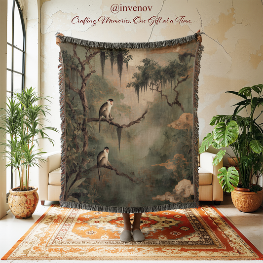 Decorative blanket with nature-themed design in a room with plants and furniture.