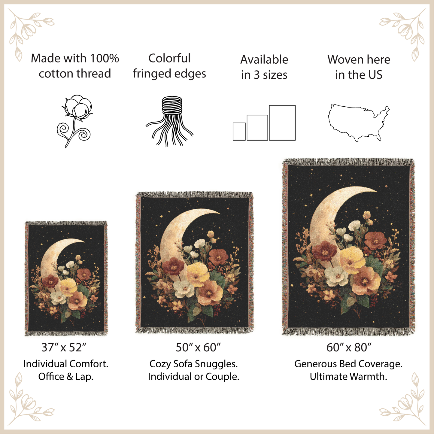 Floral-themed woven blanket with size options and features on a beige background