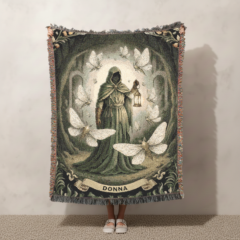 Personalized Gothic Woven Blanket, Custom Name Dark Fantasy Tapestry, Moth and Lantern Jacquard Throw, Dark Academia Goblincore Home Decor