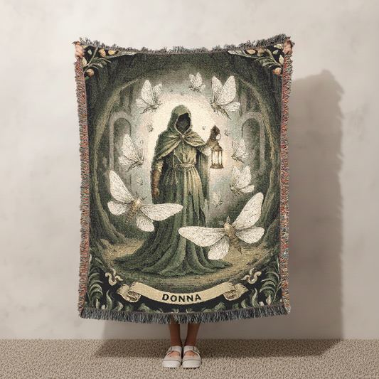 Personalized Gothic Woven Blanket, Custom Name Dark Fantasy Tapestry, Moth and Lantern Jacquard Throw, Dark Academia Goblincore Home Decor
