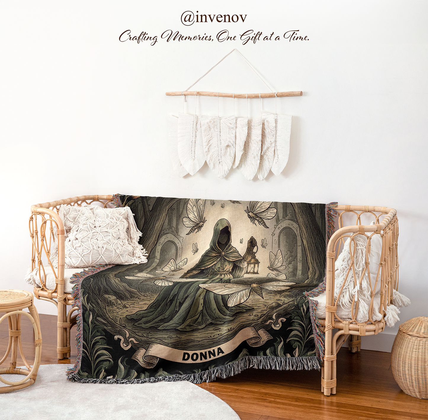 Decorative blanket with artistic design draped over a chair