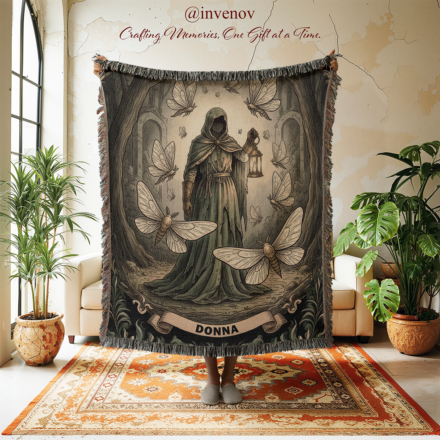 Decorative tapestry with a hooded figure and butterflies in a room with plants and furniture.