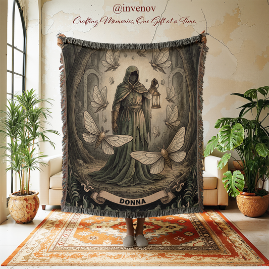 Decorative tapestry with a hooded figure and butterflies in a room with plants and furniture.