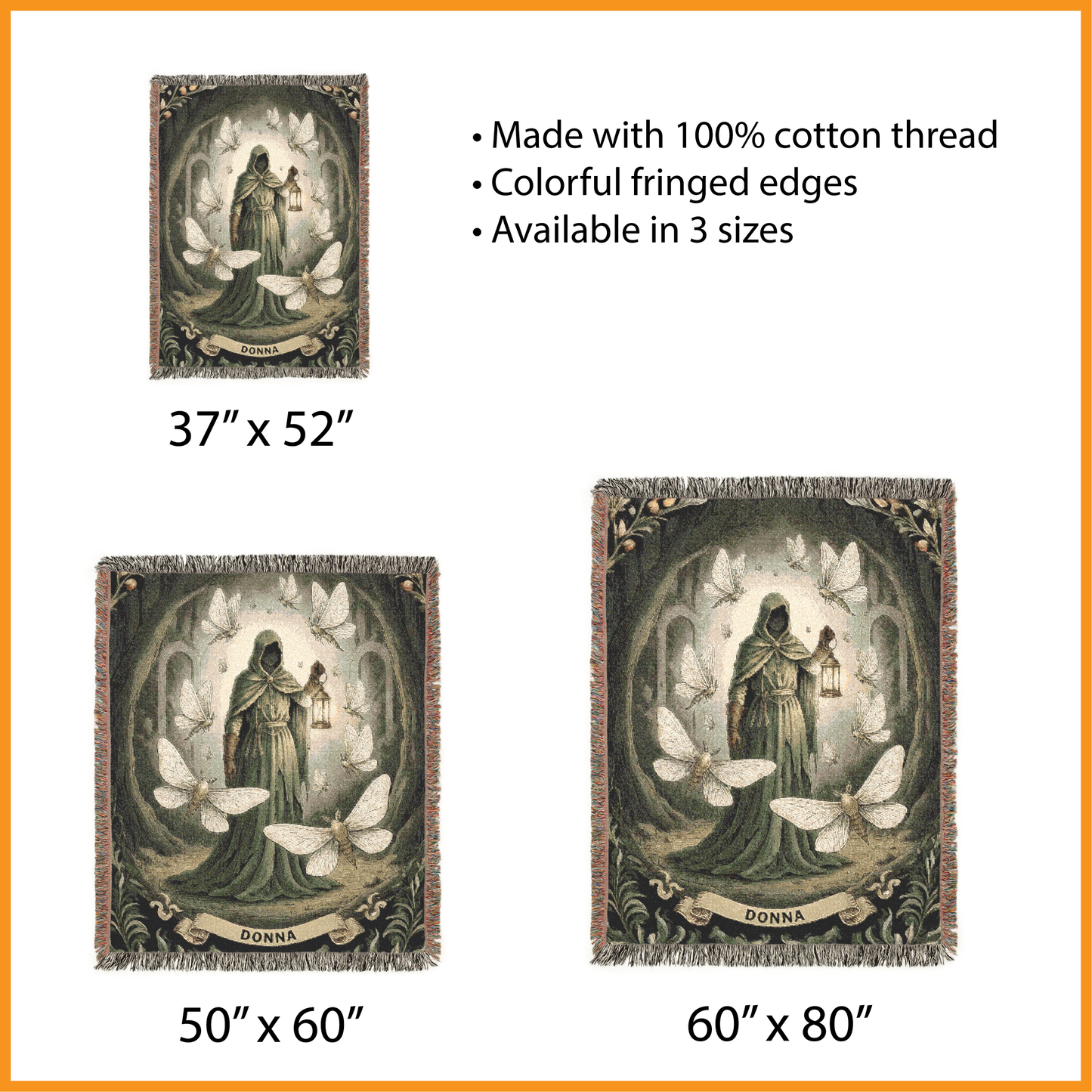 Personalized Gothic Woven Blanket, Custom Name Dark Fantasy Tapestry, Moth and Lantern Jacquard Throw, Dark Academia Goblincore Home Decor