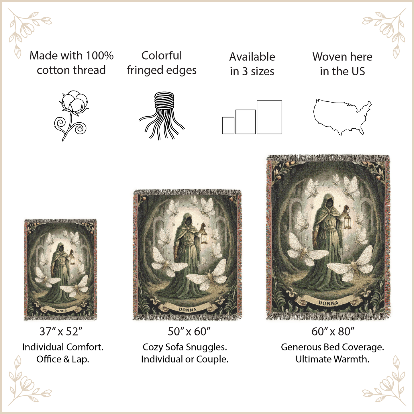 Woven blanket with artistic design of a couple and children, featuring text about product details.