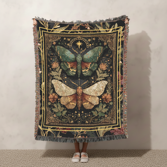 Celestial Moth Woven Blanket, Dark Academia Tapestry, Gothic Jacquard Decor Throw, Moody Botanical Cottagecore Art, Whimsigoth Wall Hanging