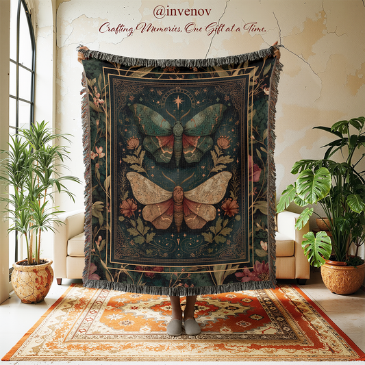 Decorative tapestry with butterfly design in a room with plants and furniture.
