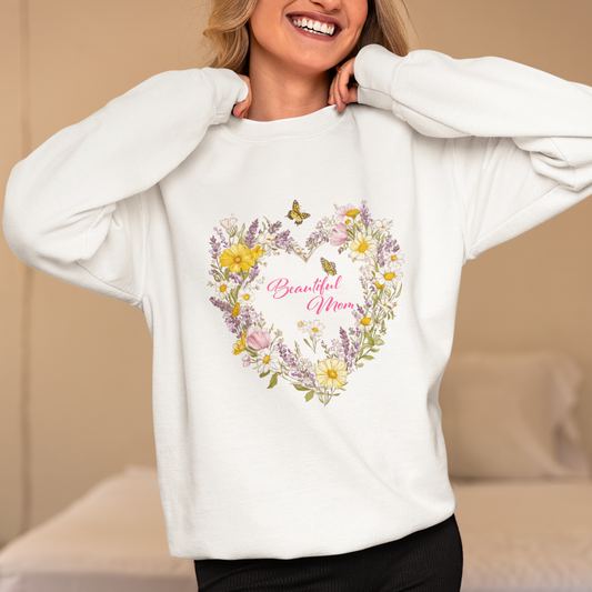 Mother's Day Sweatshirt, Floral Wreath Graphic Cozy Crewneck Jumper, Beautiful Mom Gift, Cottagecore Style Pullover, Pink Yellow Lavender