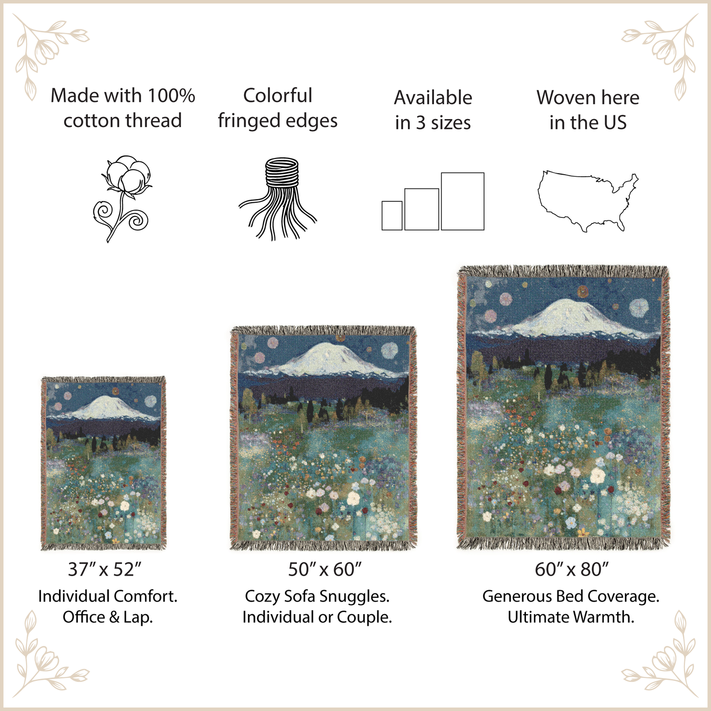 Woven blankets with scenic designs and size information on a beige background