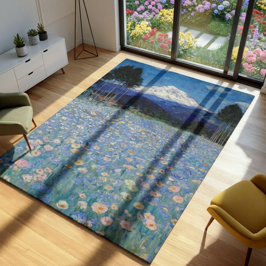 Mountain Wildflower Area Rug, Blue Meadow Floor Mat, Snow Peak Nature Carpet, Impressionist Landscape Rug Large Living Room Decor Floral Art