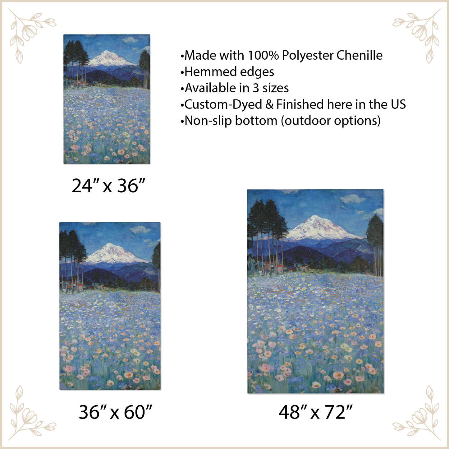 Mountain Wildflower Area Rug, Blue Meadow Floor Mat, Snow Peak Nature Carpet, Impressionist Landscape Rug Large Living Room Decor Floral Art