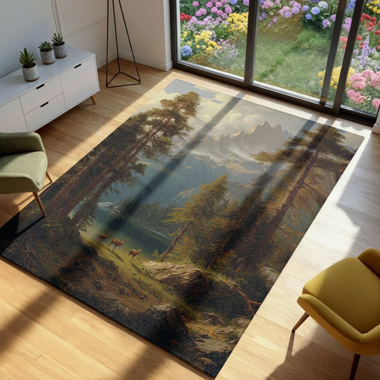 Lush green forest rug with deer in a living room setting