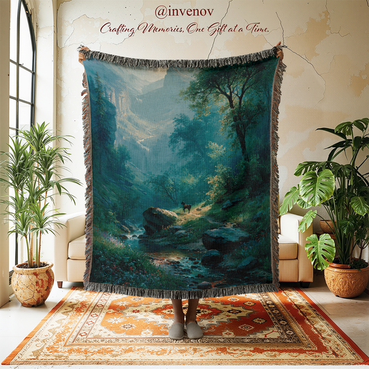woven blanket with nature painting style designs
