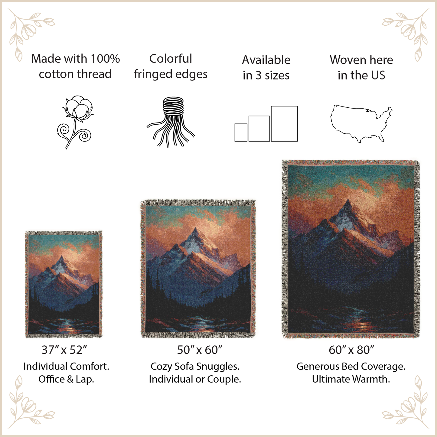 A product information graphic for a woven mountain landscape blanket or tapestry. The image shows three size options labeled 37" x 52", 50" x 60", and 60" x 80", with text calling out 100% cotton thread, fringed edges, available in 3 sizes, and woven in the US.