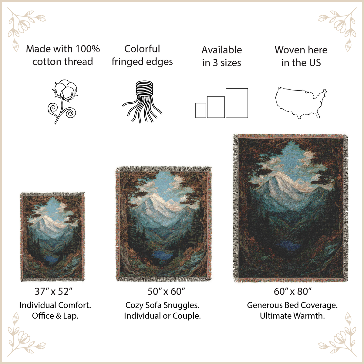 A product information graphic for a woven mountain landscape throw blanket. The image shows three size options: 37" x 52" for office/lap use, 50" x 60" for cozy sofa snuggles, and 60" x 80" for bed coverage.