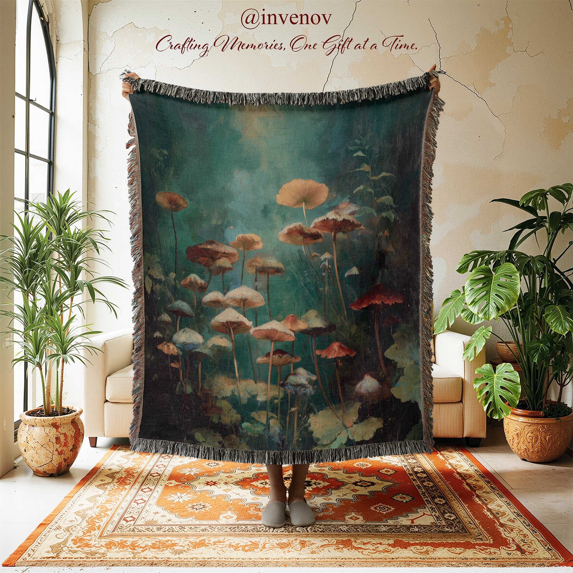 Decorative mushroom-themed tapestry in a room with plants and furniture.