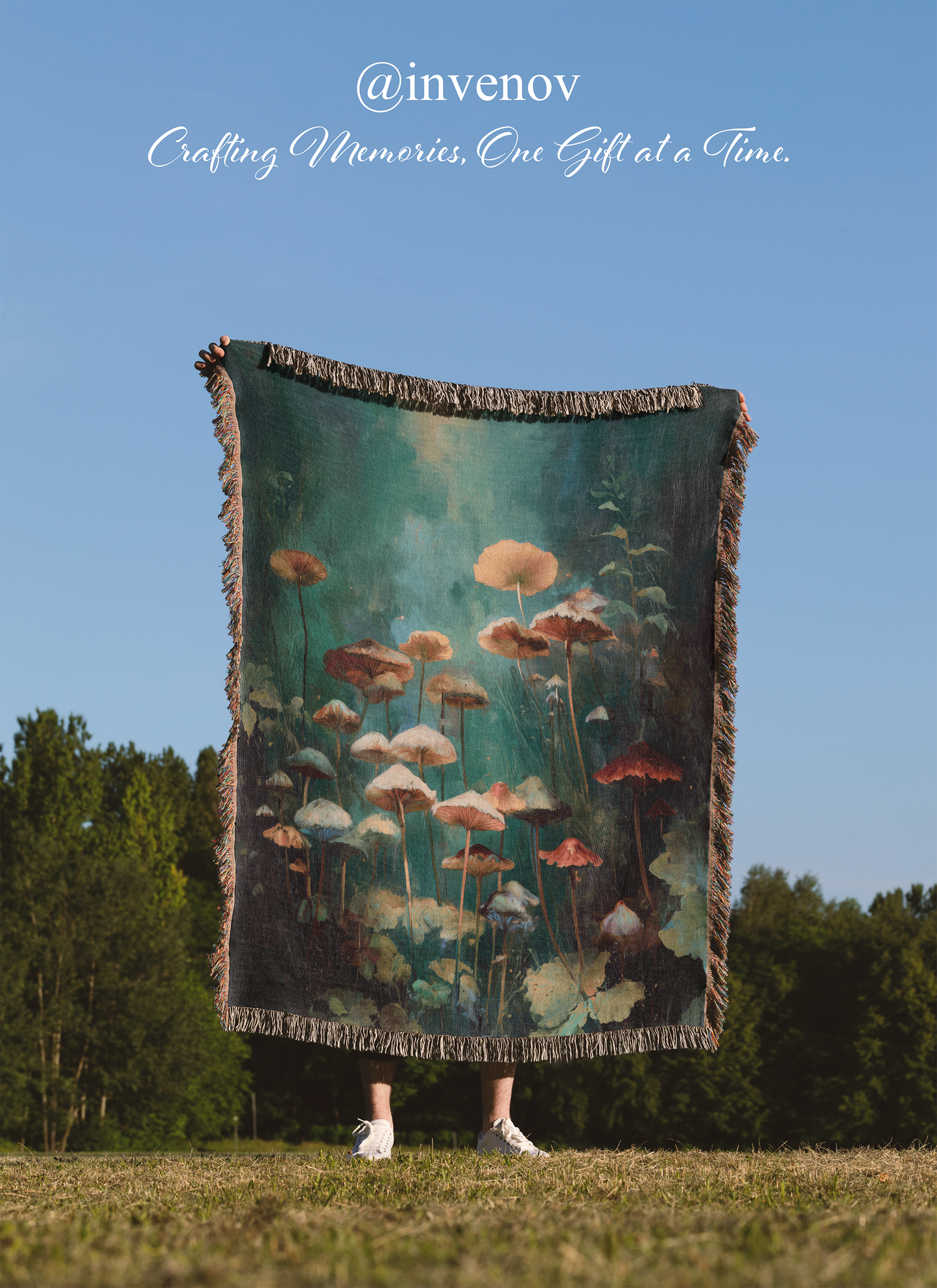 Person holding a blanket with a mushroom design in an outdoor setting