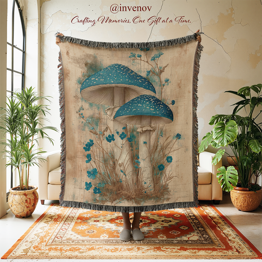 Decorative blanket with mushroom design in a room with plants and furniture.