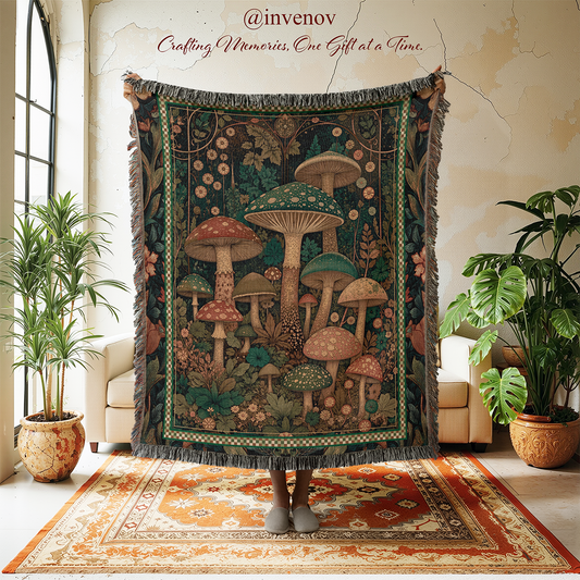 Decorative tapestry with mushroom design in a room with plants and furniture.