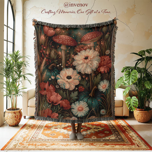 A large woven throw blanket with fringe is held up in a styled room. The blanket features a detailed floral and mushroom print in earthy tones with cream, pink, red, and teal elements.