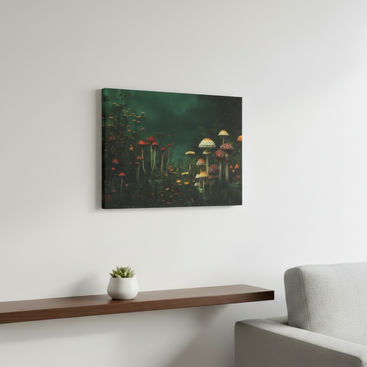 Framed artwork of a forest scene with mushrooms on a white wall above a wooden shelf.