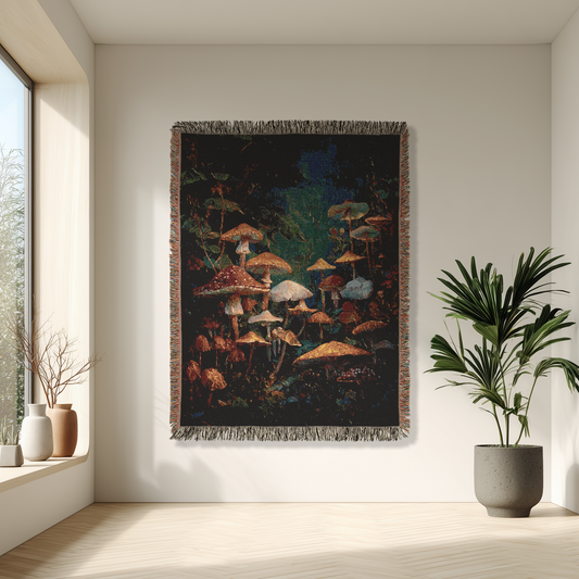 Mushroom Woven Blanket with Fringe, Dark Moody Forest Design, Cozy Home Decor Throw, Illuminated Mushrooms Sofa Bedroom Blanket