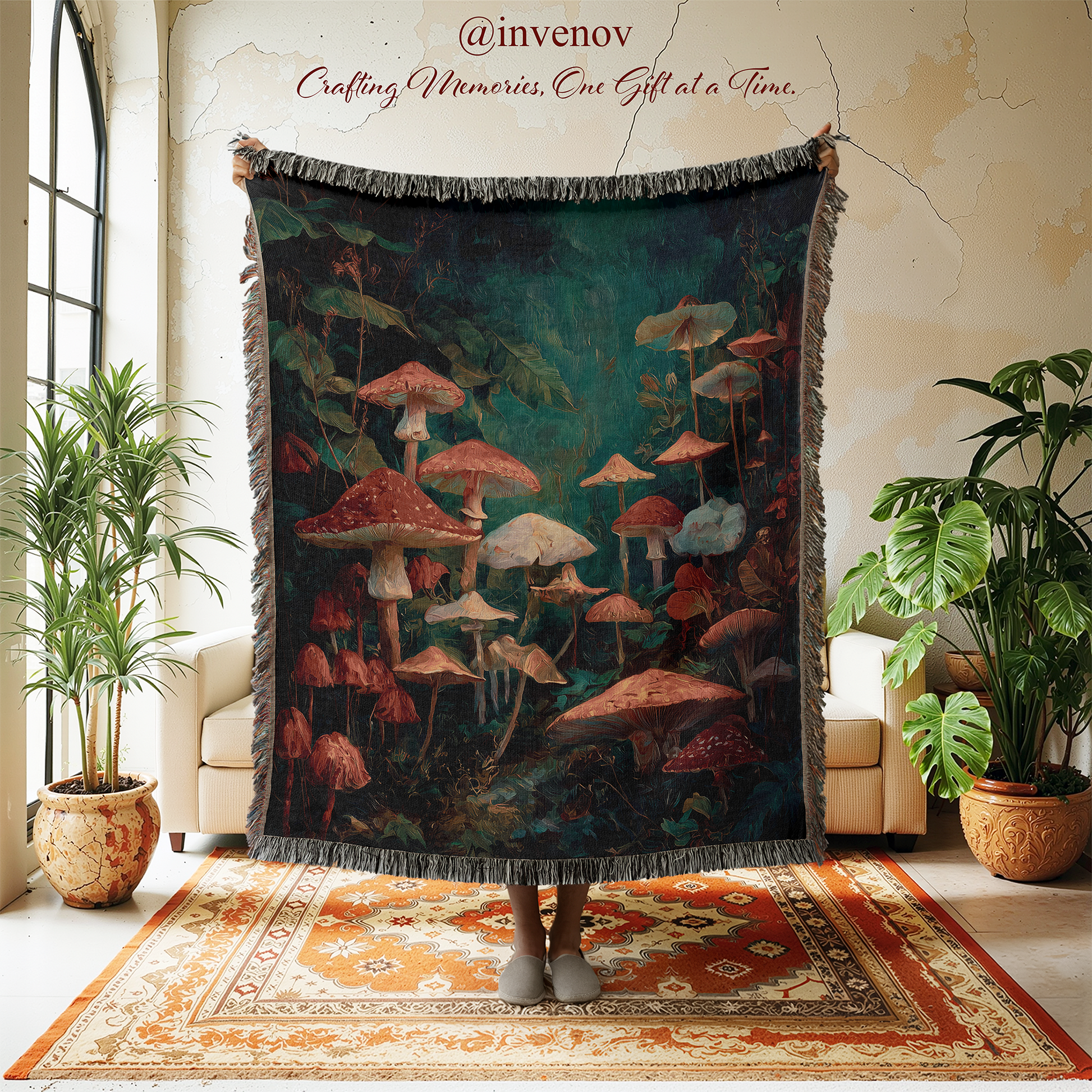 Mushroom-themed blanket displayed in a room with plants and furniture.