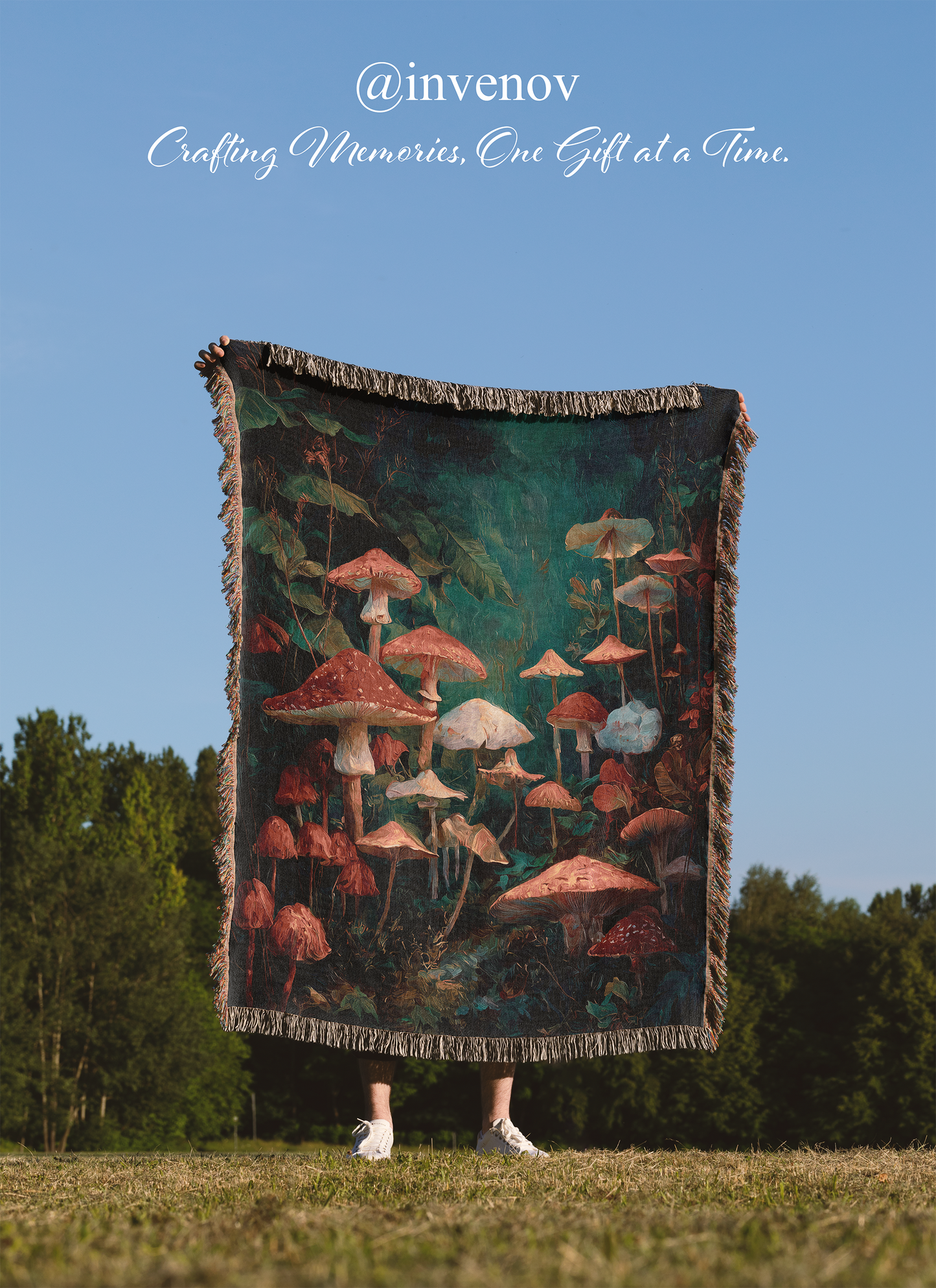 Person holding a colorful mushroom-patterned blanket outdoors