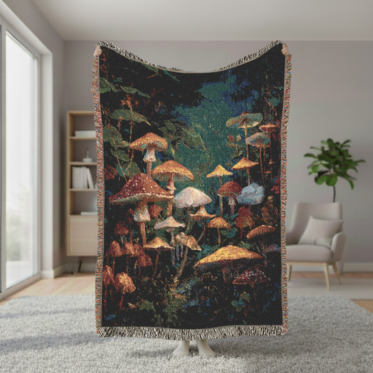 Mushroom Woven Blanket, Dark Cottagecore Tapestry, Moody Forest Floor Jacquard Throw, Goblincore Botanical Art, Witchy Fungi Home Decor Gift