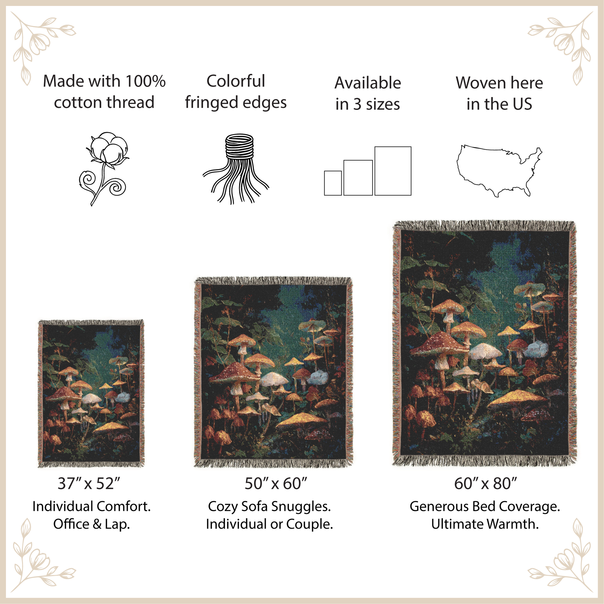 Mushroom-themed woven blanket with size options and features on a beige background
