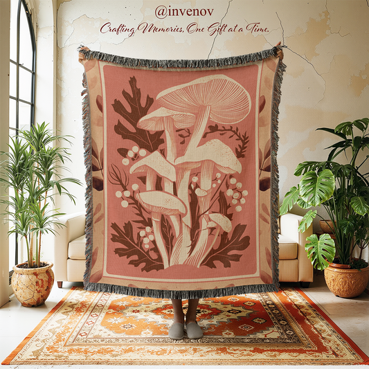 Decorative tapestry with mushroom design in a room with plants and furniture.